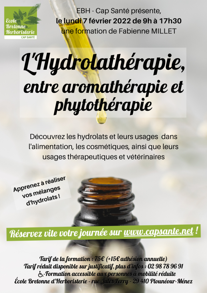 Affiche présentant la journée de formation "L'Hydrolatérapie, entre aromathérapie et phytothérapie" organisée par l'École Bretonne d'Herboristerie le lundi 7 février 2022